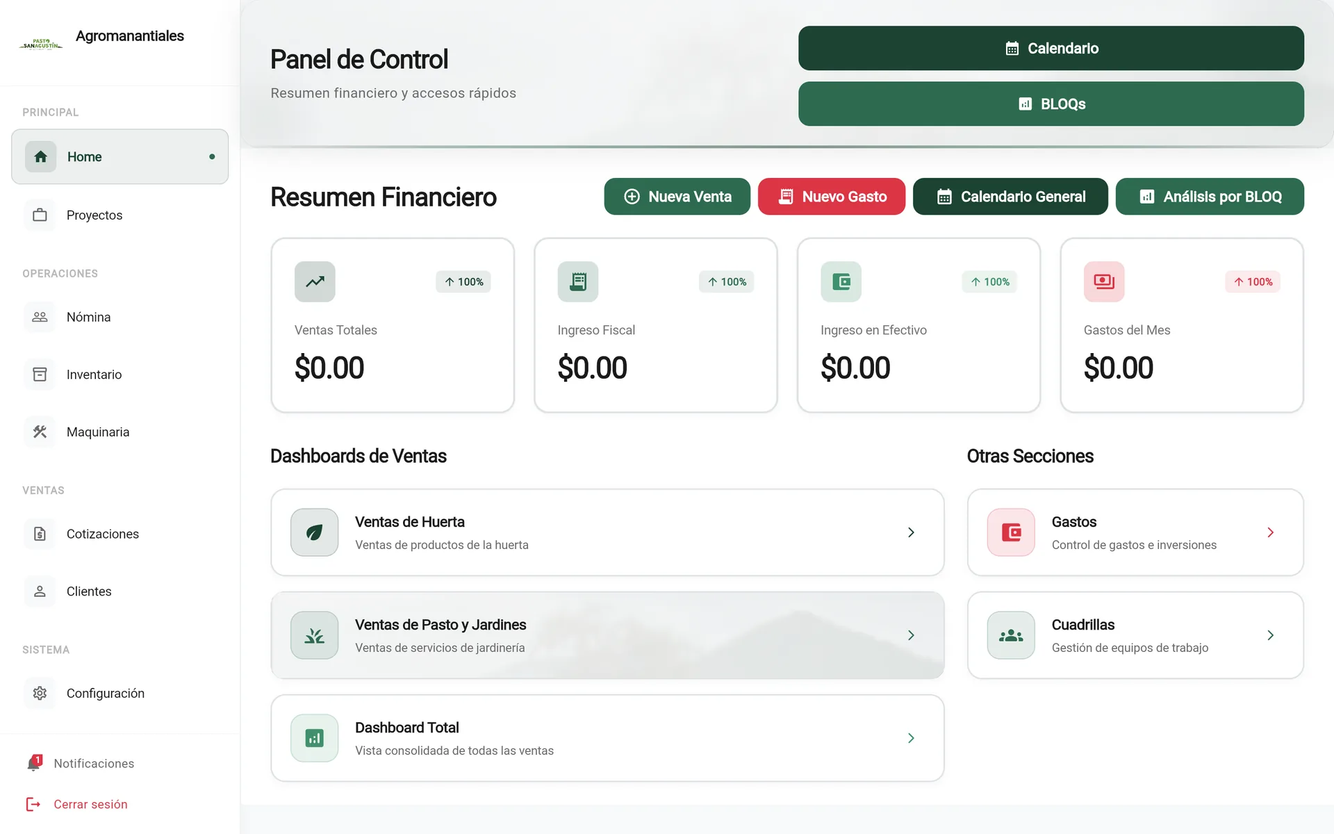 Inventory Management — sub-modules: Products (Sales inventory) and Inputs (Materials and tools). Quick summary: Products 0, Grass 0, Garden 0. Categories: Grass, Garden, Grass and Garden