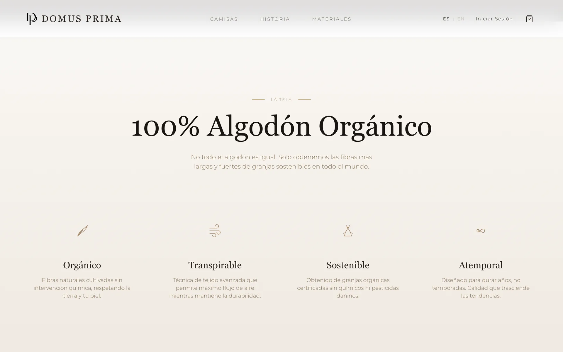 Materials page — "100% Organic Cotton / We only source the longest and strongest fibers from sustainable farms worldwide." 4 attributes: Organic, Breathable, Sustainable, Timeless