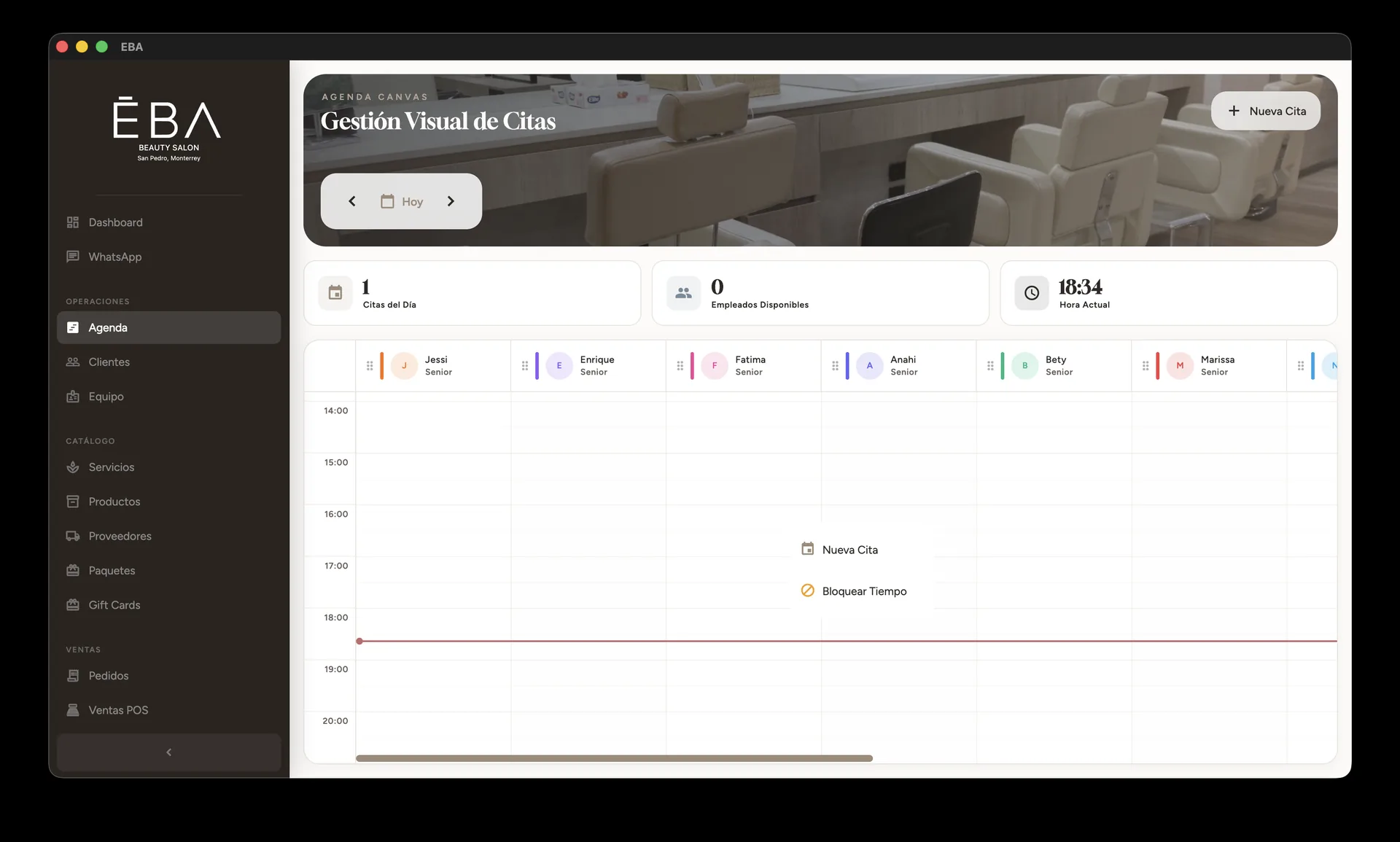 Visual Appointment Management — stylist timeline: Jessi, Enrique, Fátima, Anahí, Bety, Marisa. 1 appointment today, 0 available staff, current time 18:34. Buttons: New Appointment, Block Time