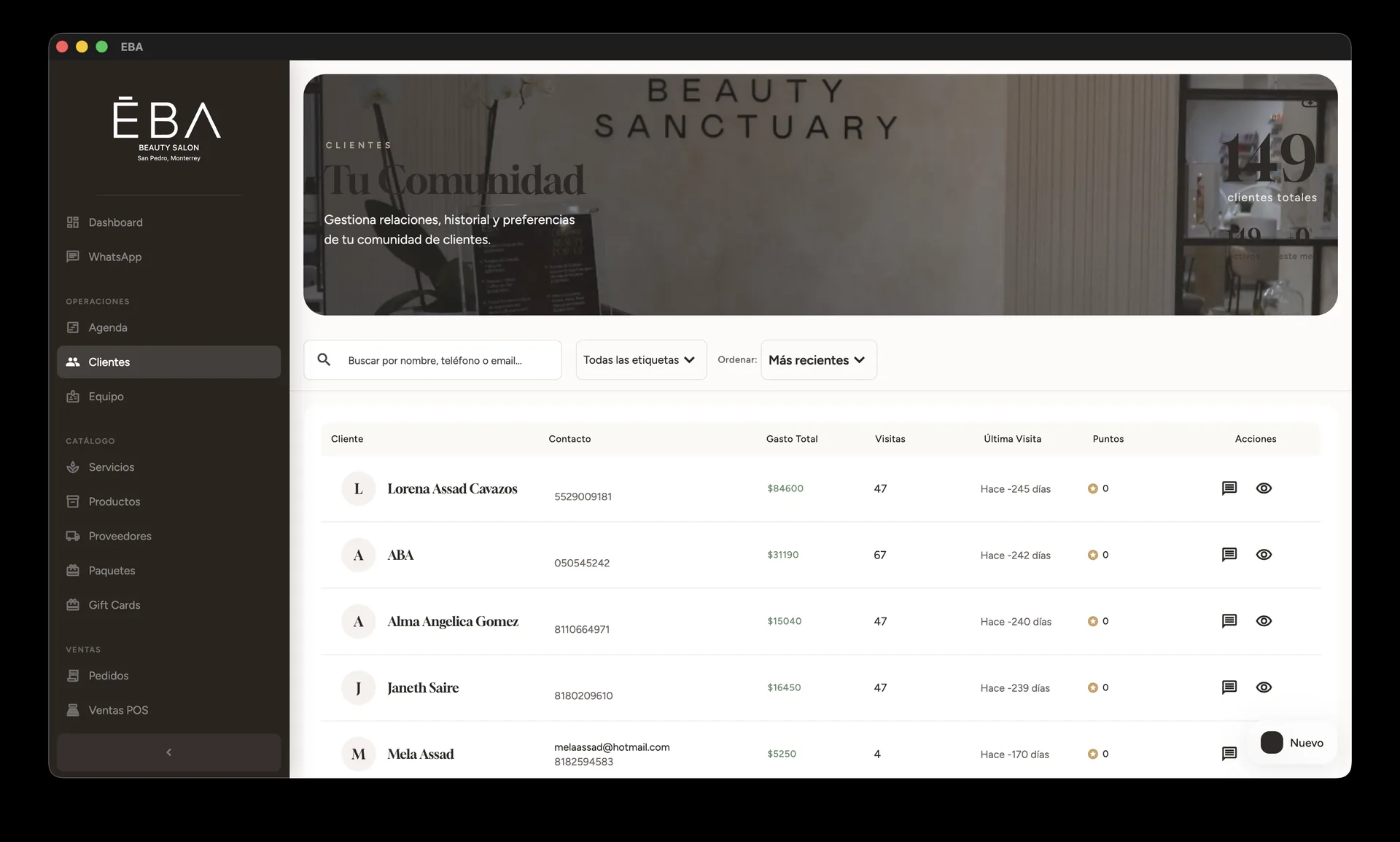 Clients module "Beauty Sanctuary" — Lorena Assad Cavazos ($84K, 47 visits), ABA ($17K, 87 visits), Alma Angélica Gómez ($15K), Janeth Saire ($14K). Full history, total spend and visit frequency