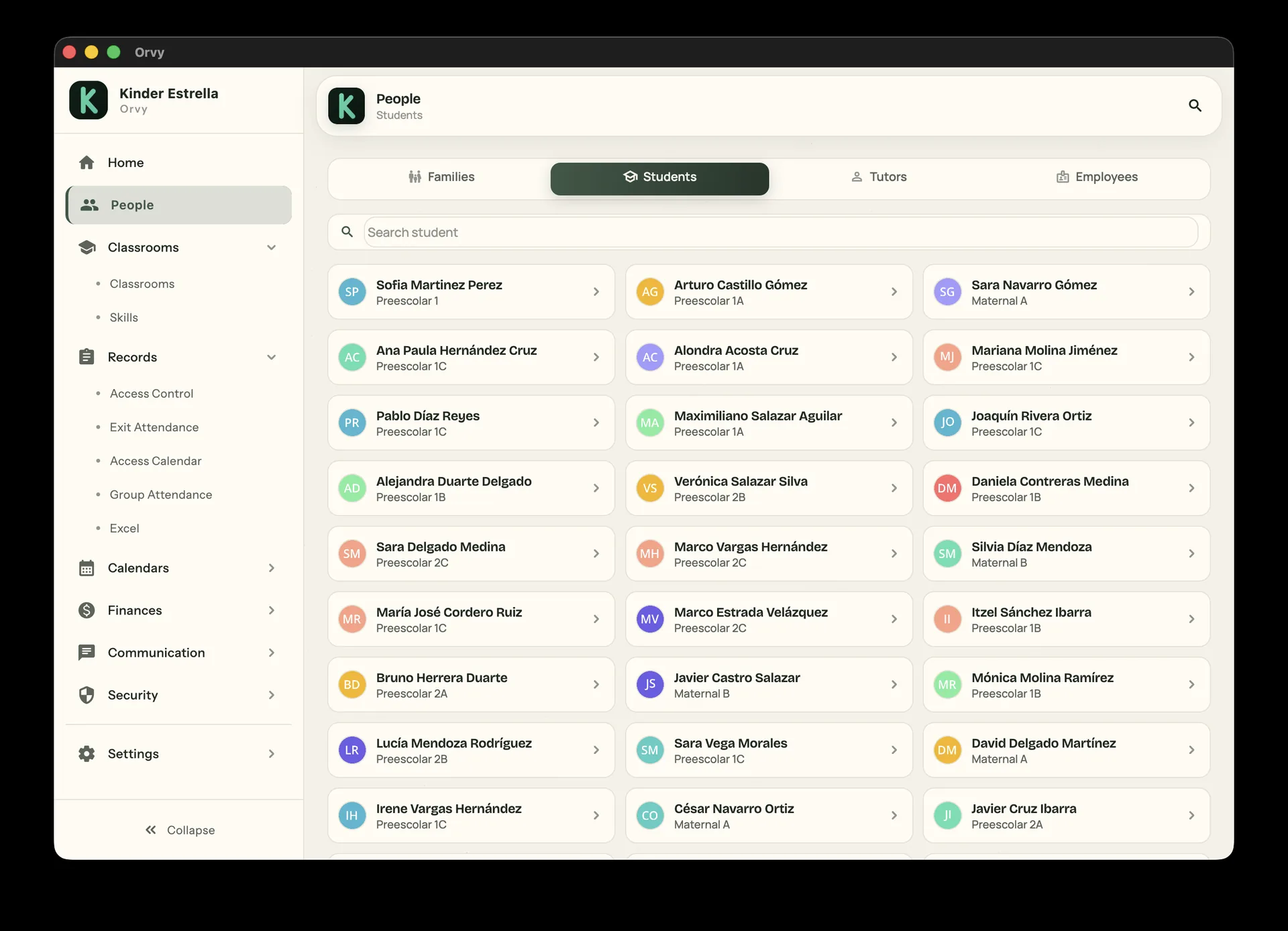 Student directory — full grid with real names, groups (Preschool 1A/1B/1C, Maternal) and avatars. Filters: Families, Students, Tutors, Employees