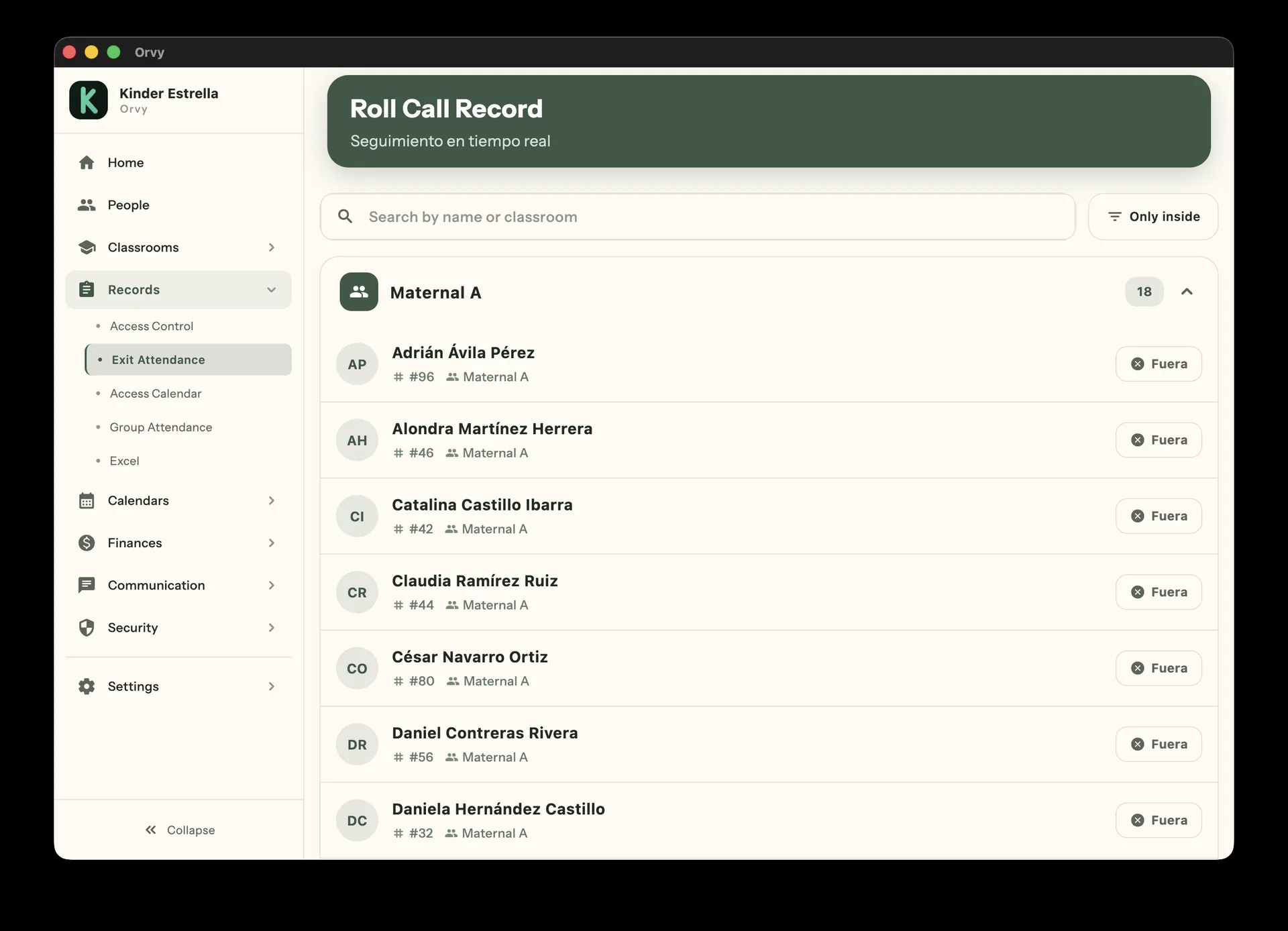 Roll Call Record — real-time attendance. Maternal A with 18 students, In/Out indicators and search by name or classroom
