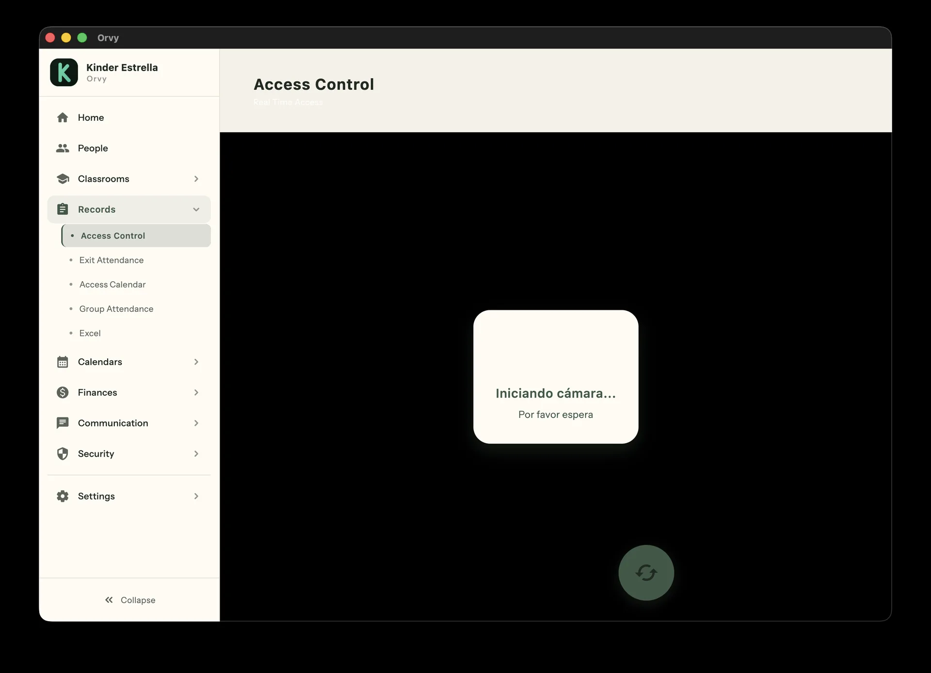 Access Control — facial recognition camera activating. "Starting camera... Please wait." Automatic check-in/check-out via facial recognition