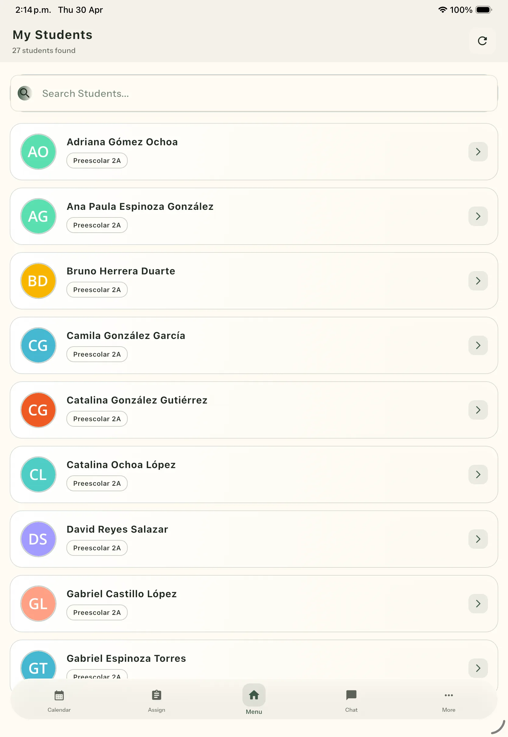 My Students — 27 enrolled students in Preescolar 2A. Searchable directory with color-coded initials avatar and assigned classroom per student