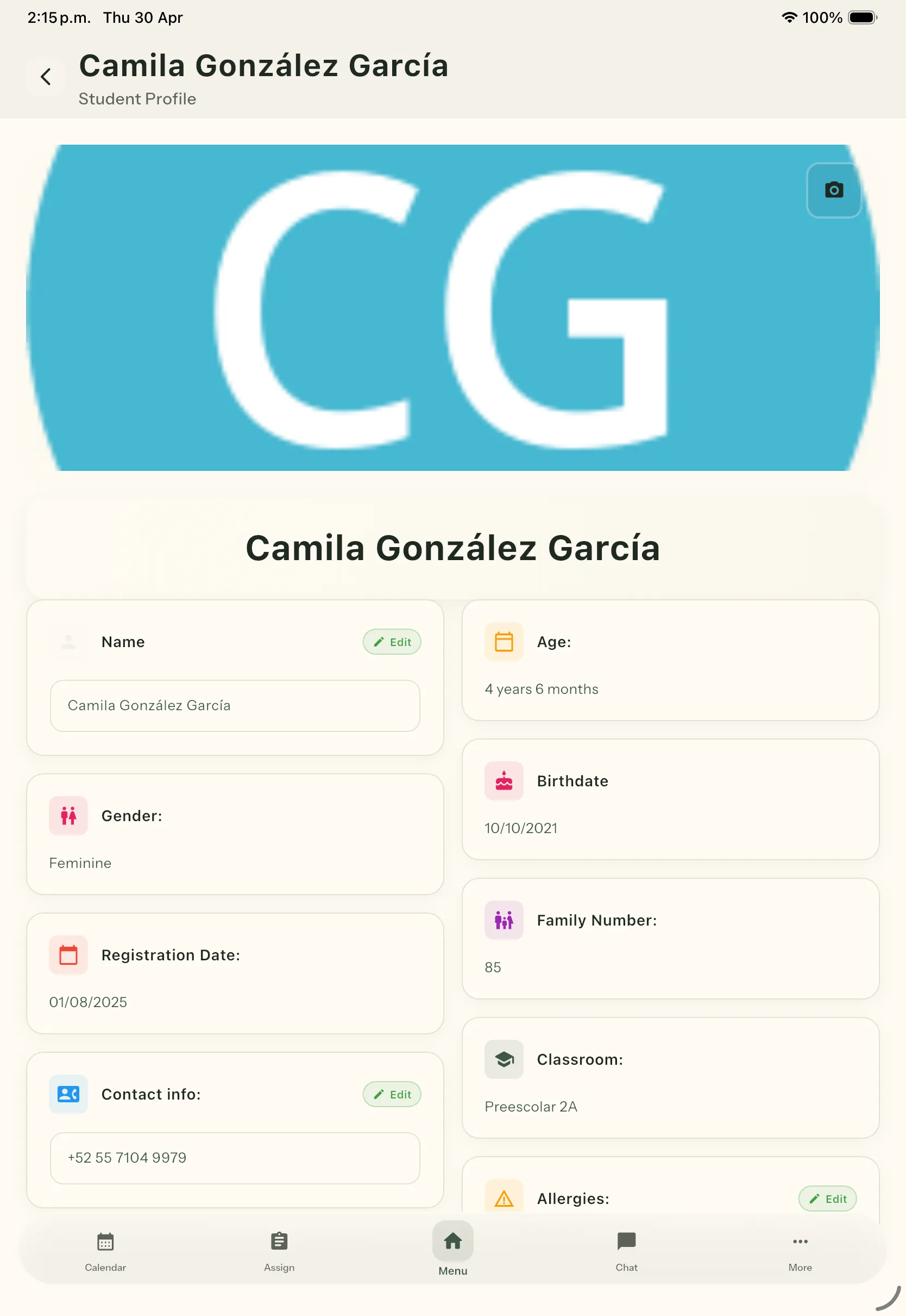 Student profile — Camila González García, 4 years 6 months, Preescolar 2A. Fields: Name, Gender, Registration Date, Contact, Age, Birthdate, Family Number 85, Classroom, Allergies
